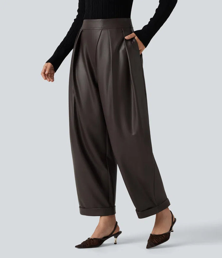 High Waisted Barrel Leg Stretchy PU Fleece Casual Trousers with Pockets