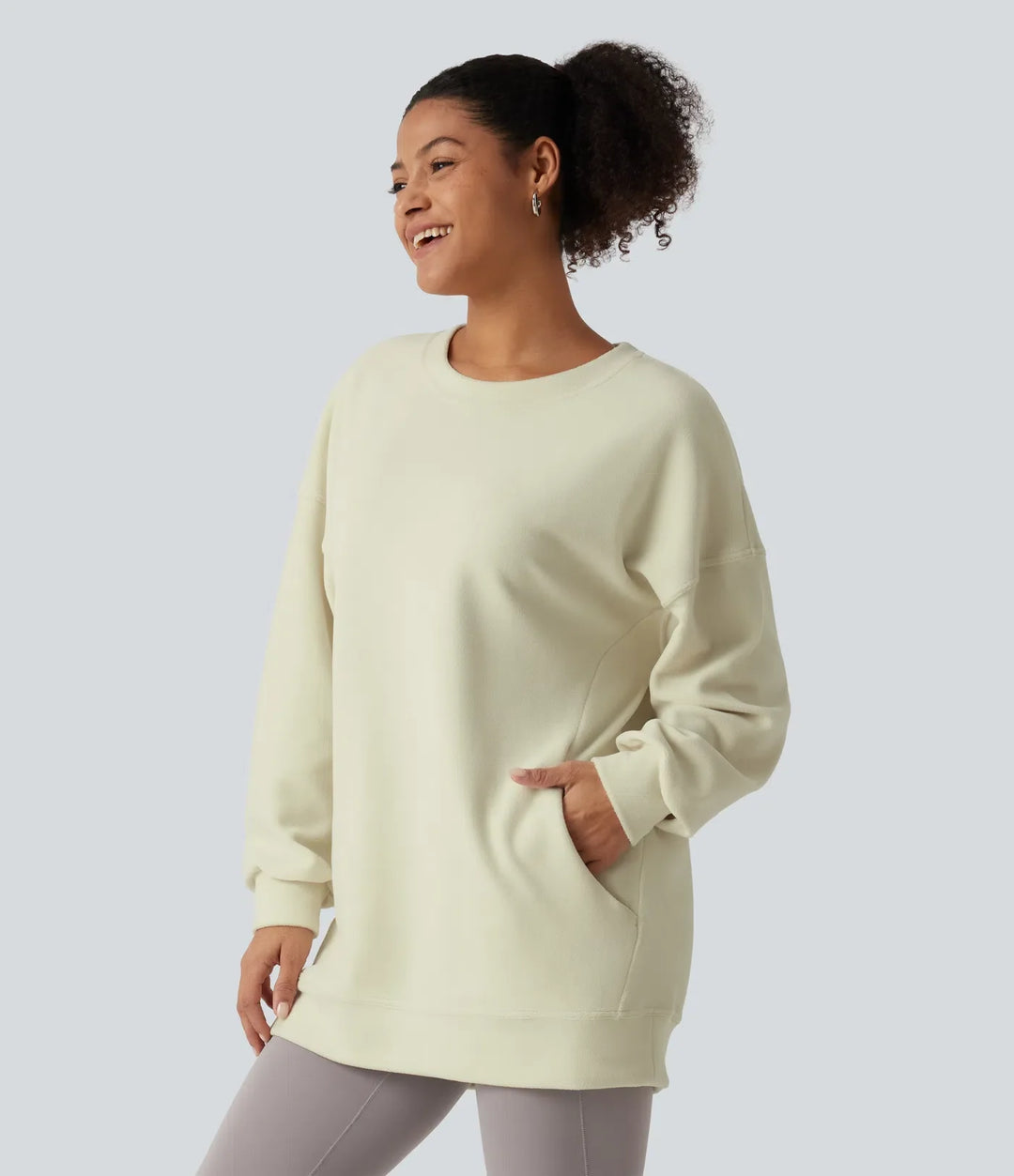 Round Neck Long Sleeve Crisscross Back Fleece Casual Sweatshirt with Pockets