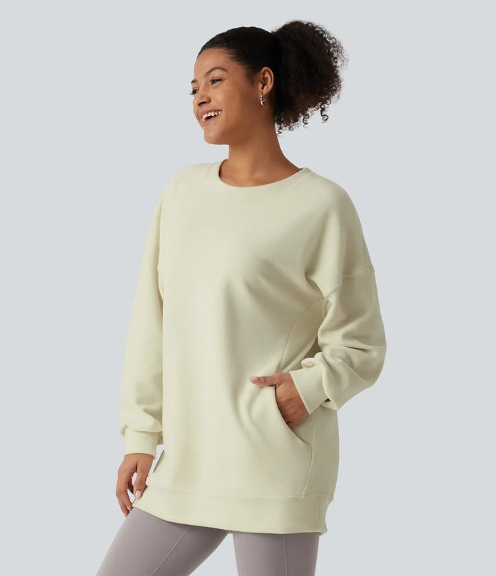 Round Neck Long Sleeve Crisscross Back Fleece Casual Sweatshirt with Pockets