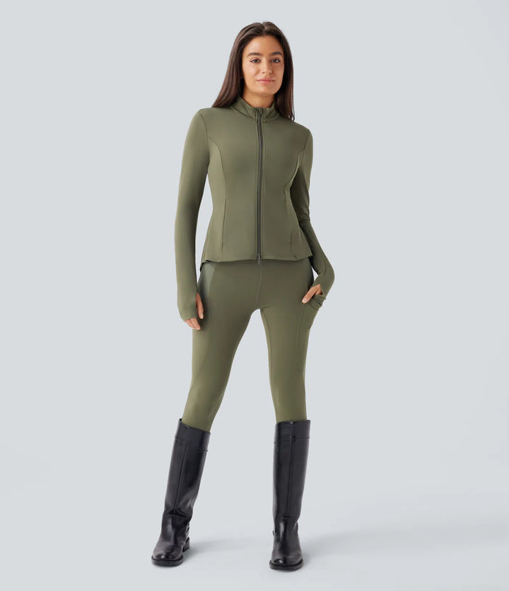SoftlyZero Stand Collar Thumb Hole Pockets Pleated Zipper Slim Jacket