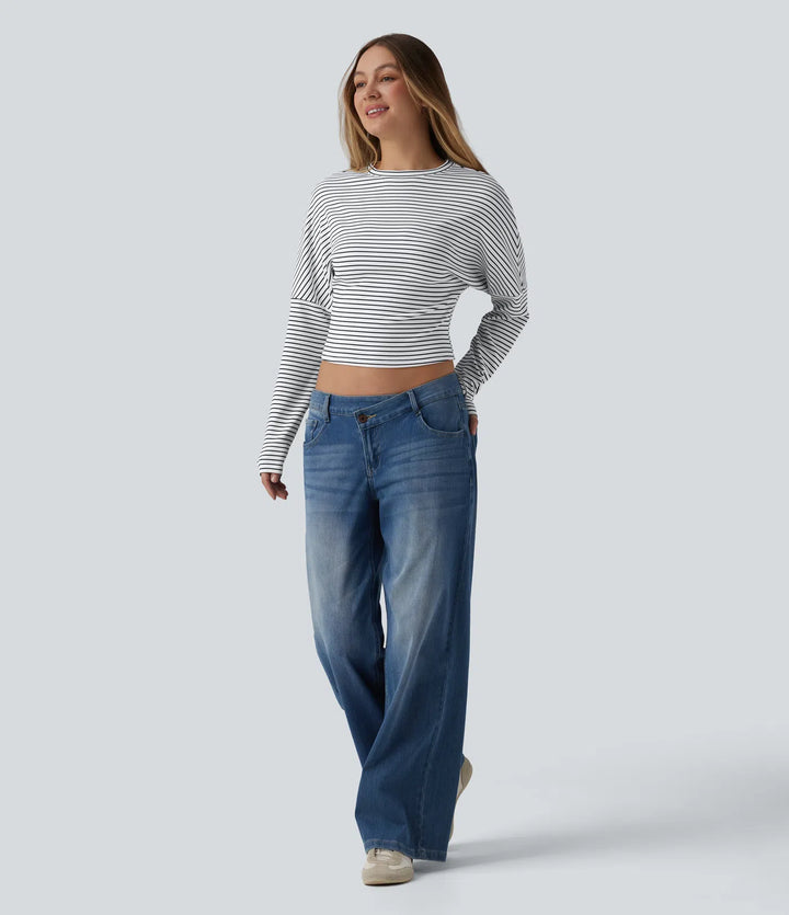 Ribbed Knit Round Neck Long Sleeve Stripes Casual Top
