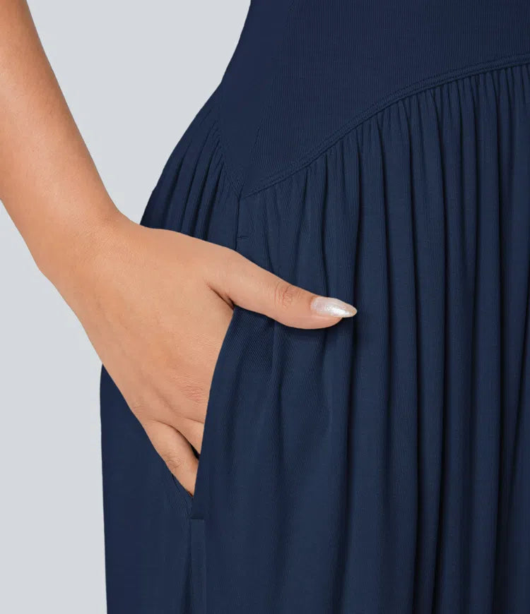 Ribbed Tube Backless Side Pocket Casual Jumpsuit