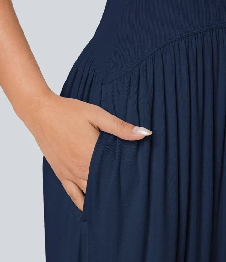 Ribbed Tube Backless Side Pocket Casual Jumpsuit