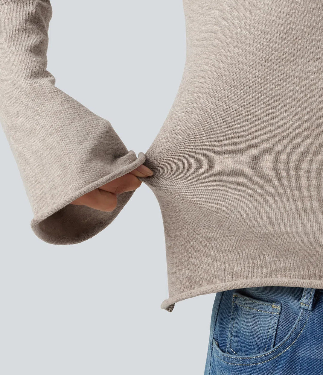 V Neck Flounce Long Sleeve Rolled Hem Casual Jumper
