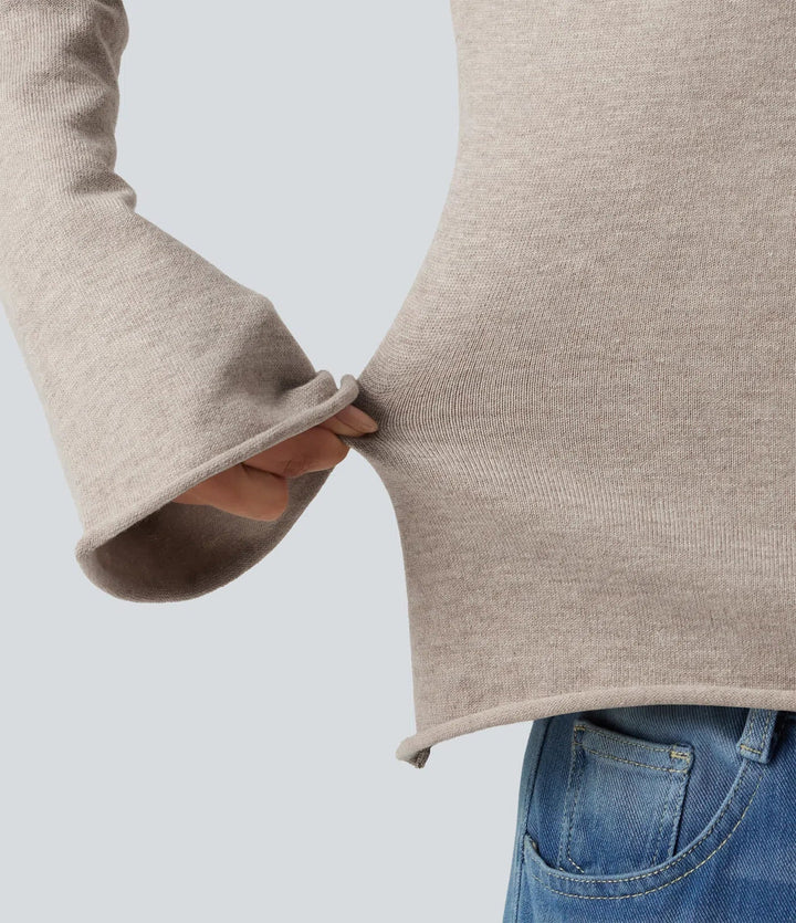 V Neck Flounce Long Sleeve Rolled Hem Casual Jumper
