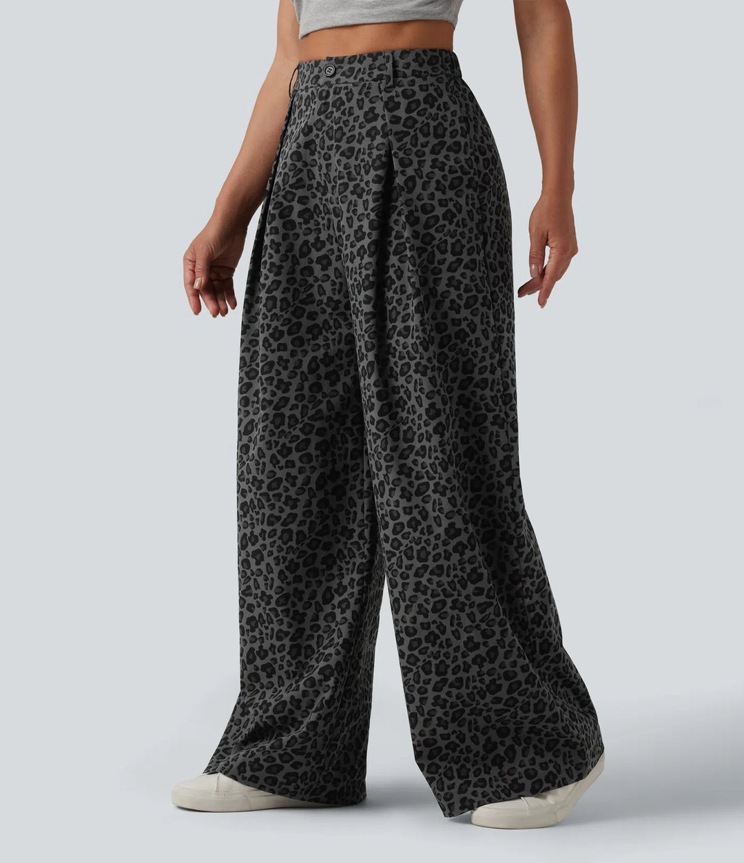 Mid Rise Wide Leg Leopard Print Casual Trousers with Pockets