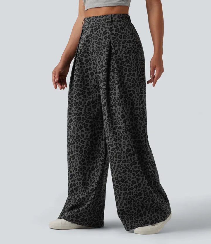 Mid Rise Wide Leg Leopard Print Casual Trousers with Pockets