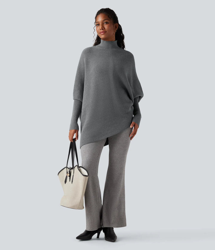 High Neck Batwing Long Sleeve Asymmetric Hem Work Jumper