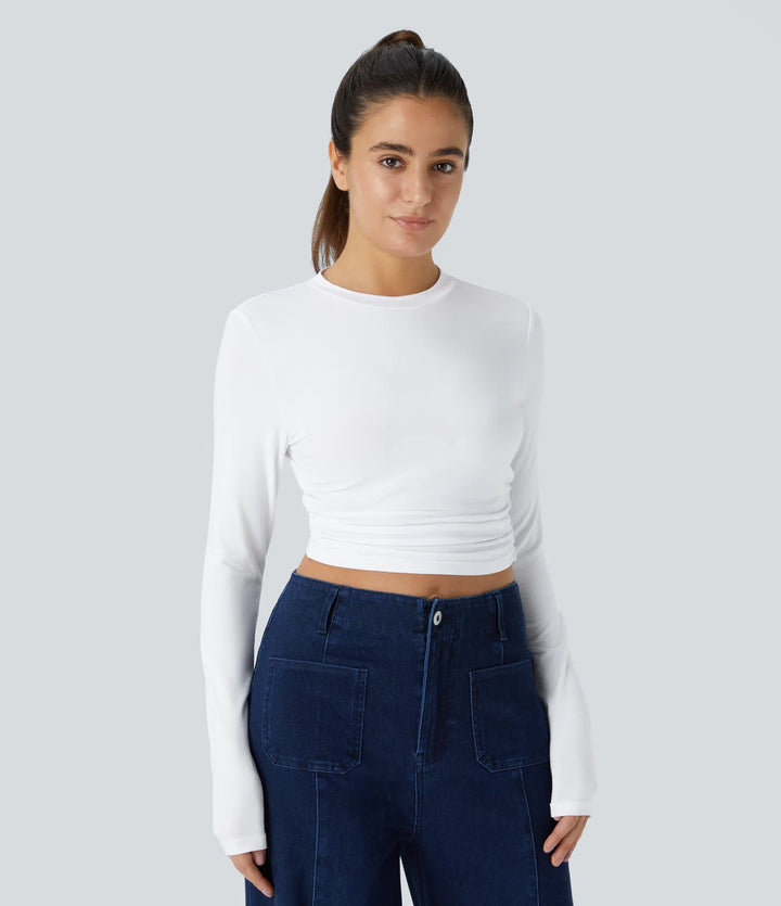 Round Neck Long Sleeve Ruched Skinny Cropped Casual Top