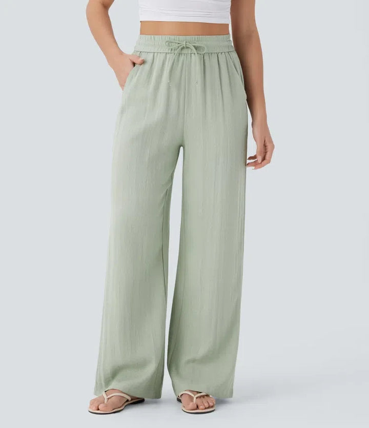 High Waisted Drawstring Pocket Wide Leg Baggy Casual Linen-Feel Trousers