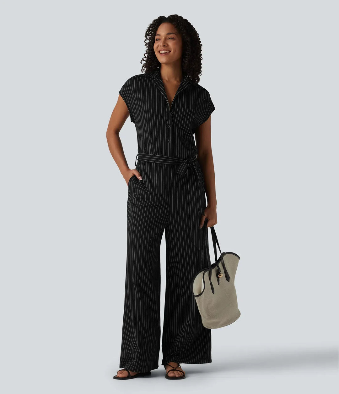 Short Sleeve Belted Stripe InstantCool Work Shirt Jumpsuit with Pockets-Easy Peezy Edition