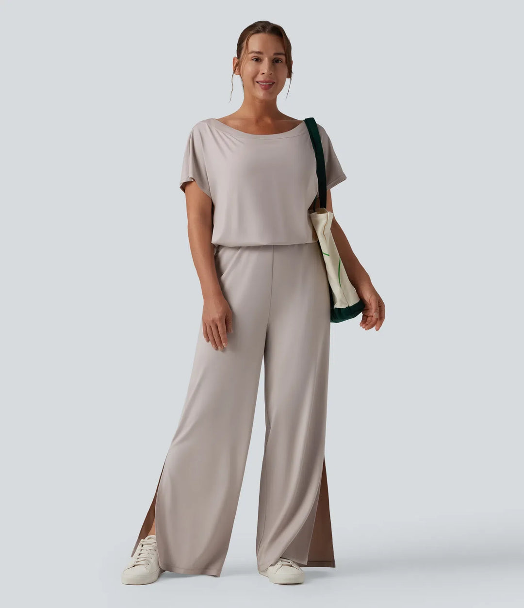 One-shoulder Short Sleeve Split Hem Casual Jumpsuit with Pockets-Easy Peezy