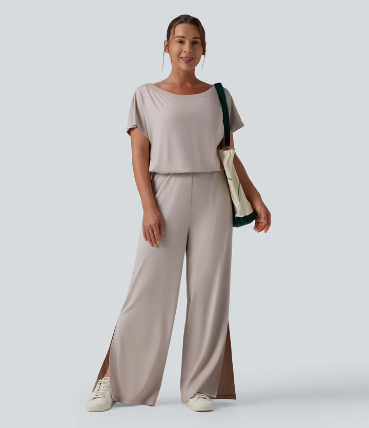 One-shoulder Short Sleeve Split Hem Casual Jumpsuit with Pockets-Easy Peezy