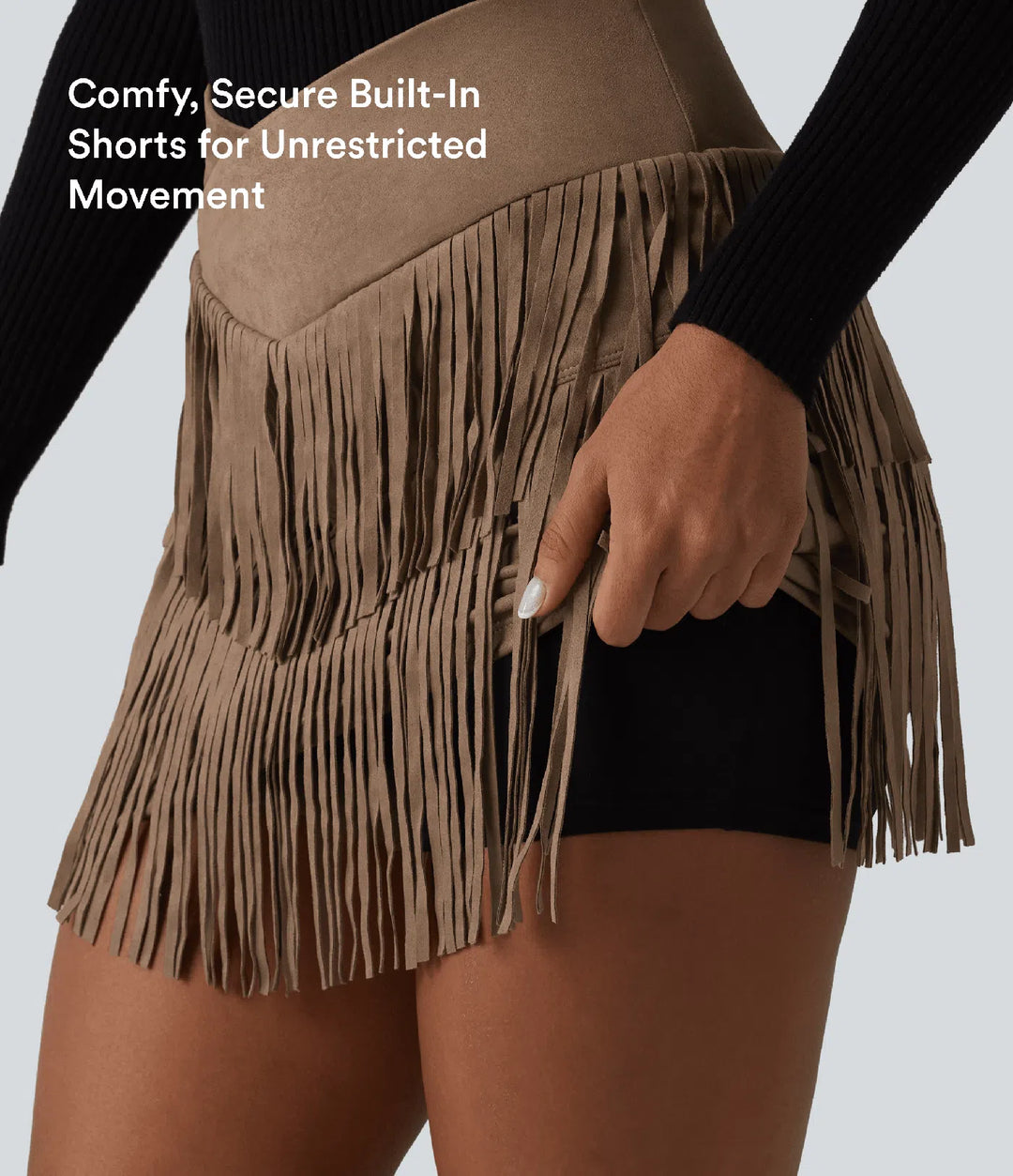 Crossover High Waisted 2-in-1 Fringe Hem Bodycon Mini Suede Party Skirt