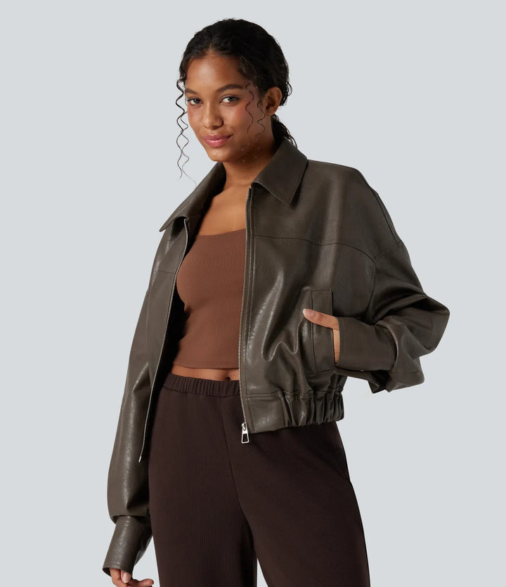 Zipper Long Sleeve Casual Faux Leather Jacket with Pockets