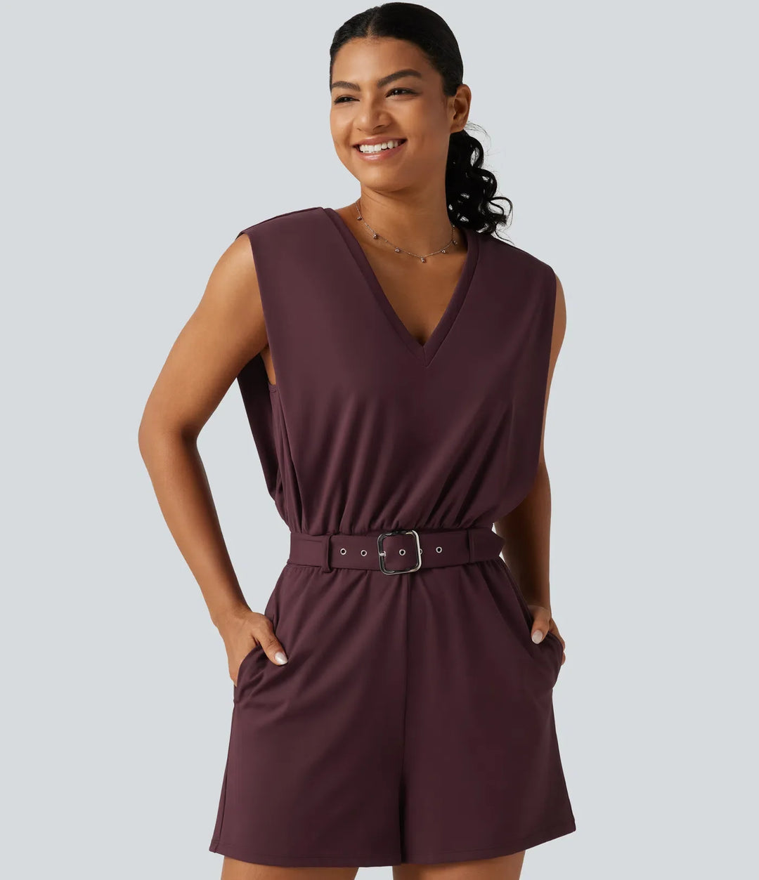 SoftlyZero Airy V Neck Sleeveless Belted InstantCool Casual Romper with Pockets-Easy Peezy Edition
