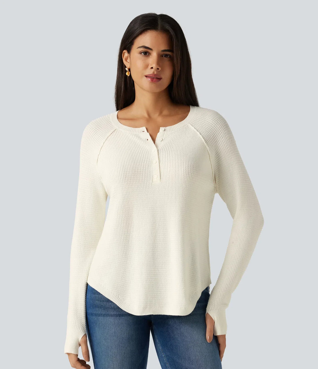 Henley Neck Long Sleeve Thumb Hole Curved Hem Casual Jumper