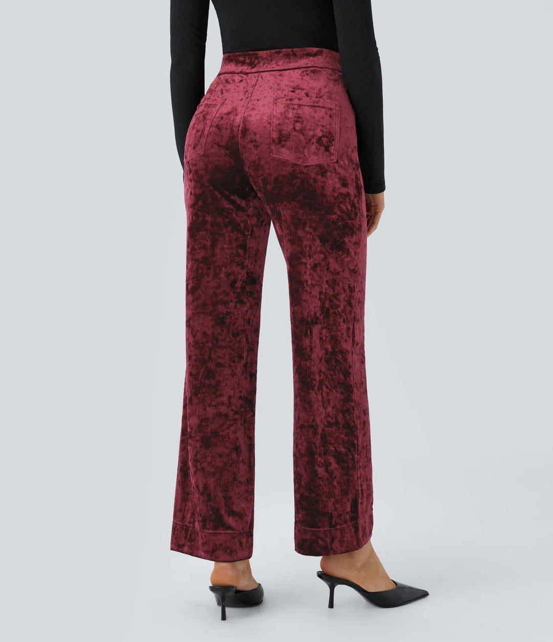 High Waisted Pockets Straight Leg Velvet Casual Trousers