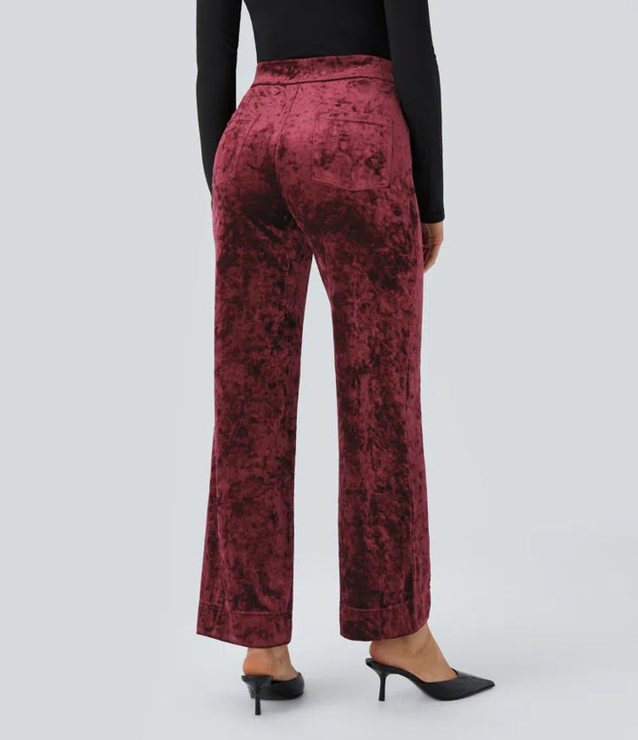 High Waisted Pockets Straight Leg Velvet Casual Trousers