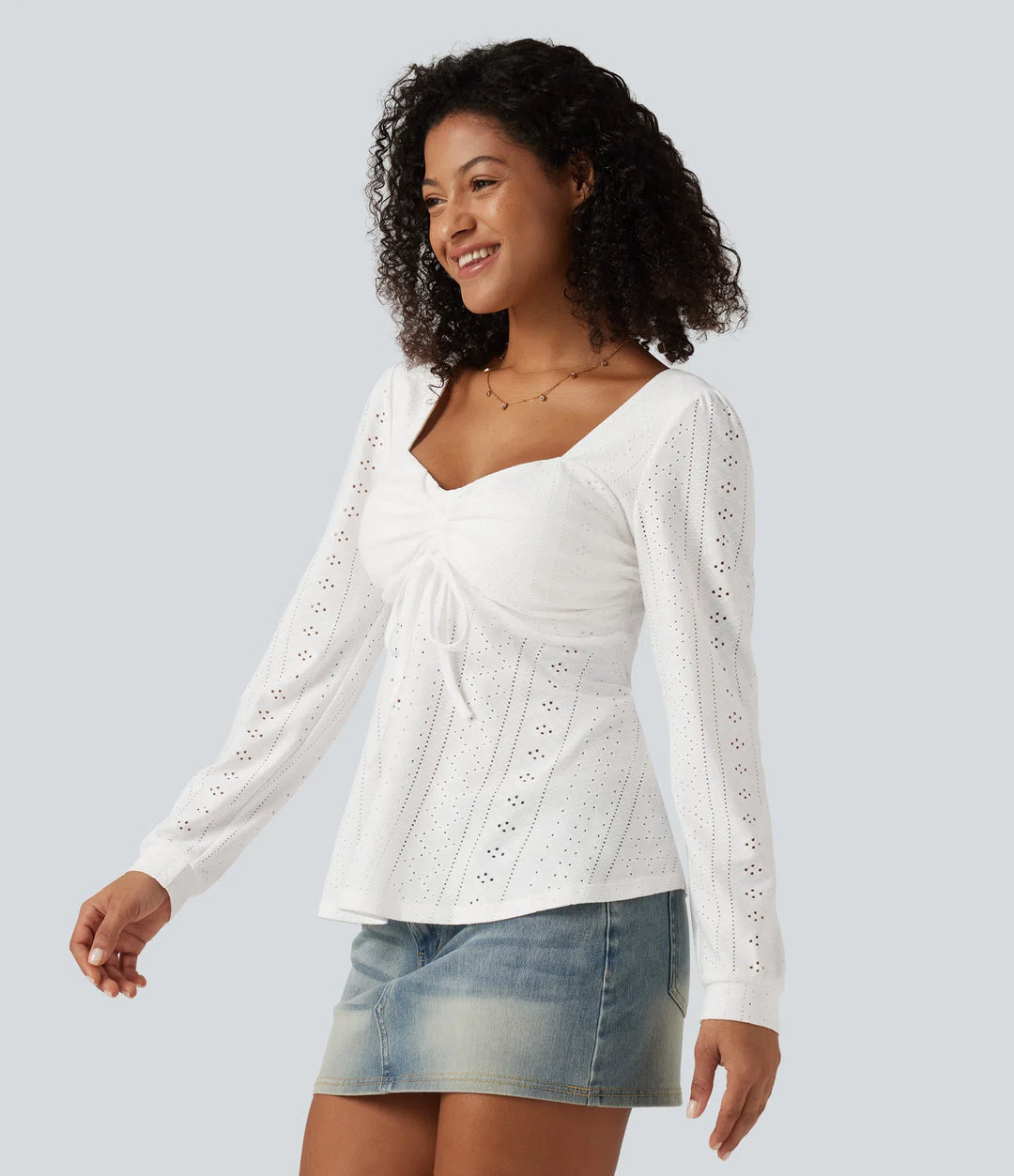 Sweetheart Neck Long Sleeve Lace Up Built-in Bra Eyelet Casual Top