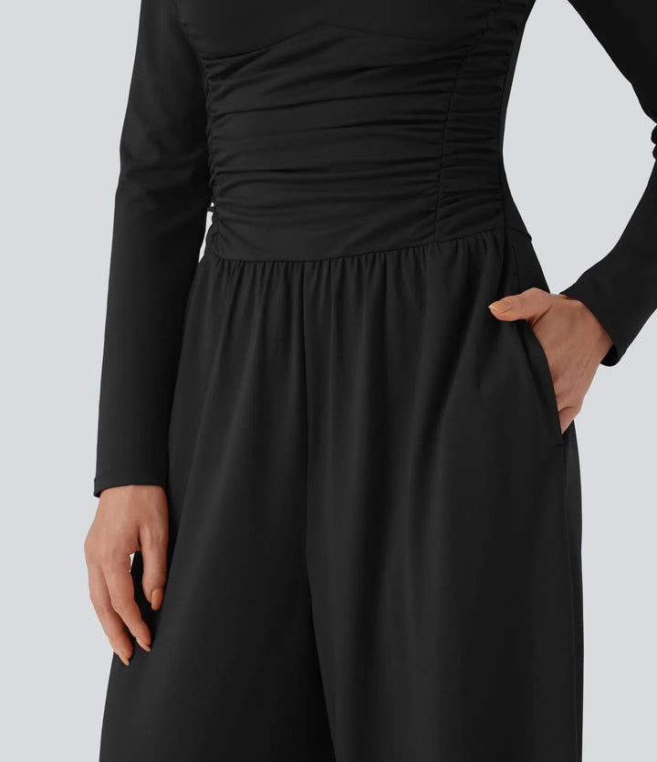 Sweetheart Neck Long Sleeve Ruched Casual Jumpsuit with Pockets-Easy Peezy Edition
