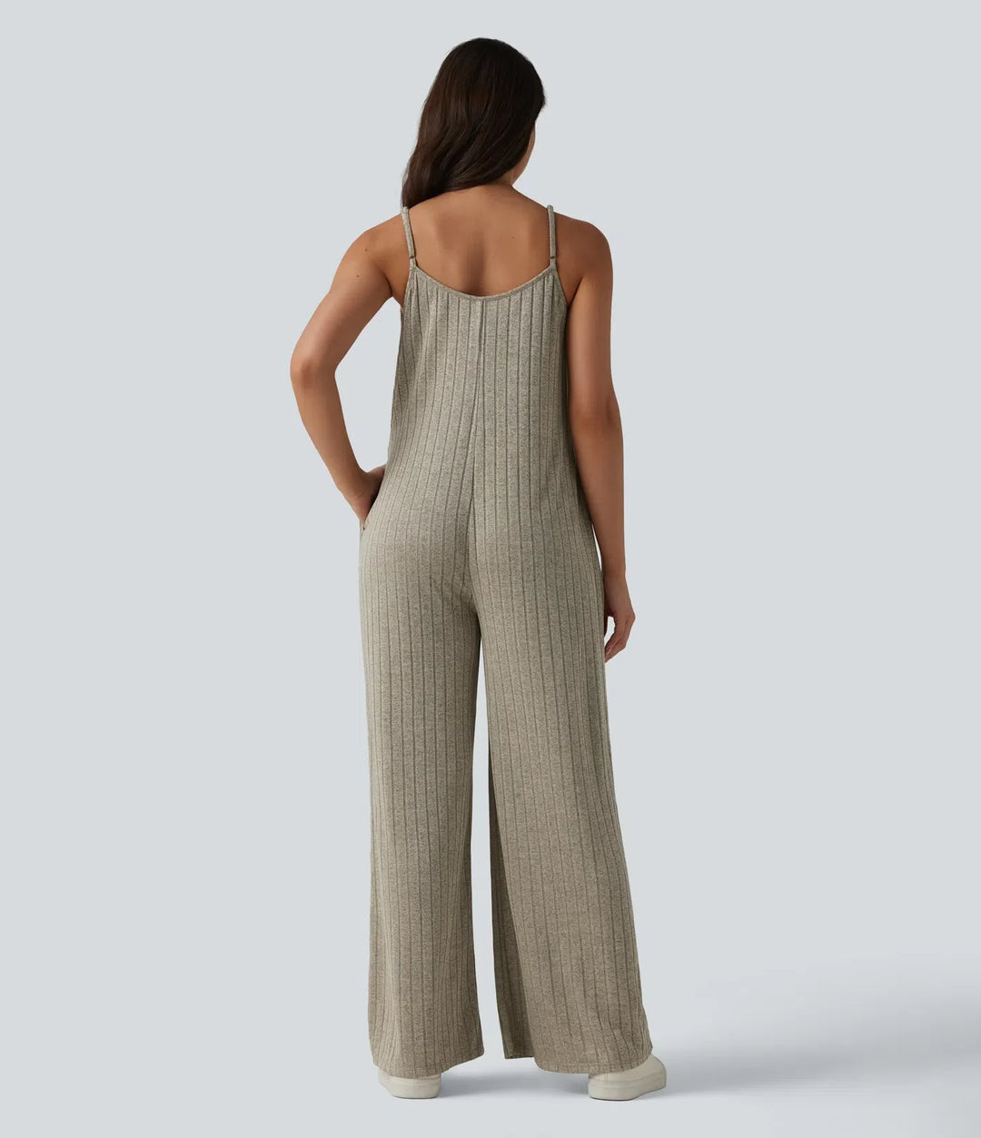 Ribbed Knit V Neck Casual Slip Jumpsuit with Pockets