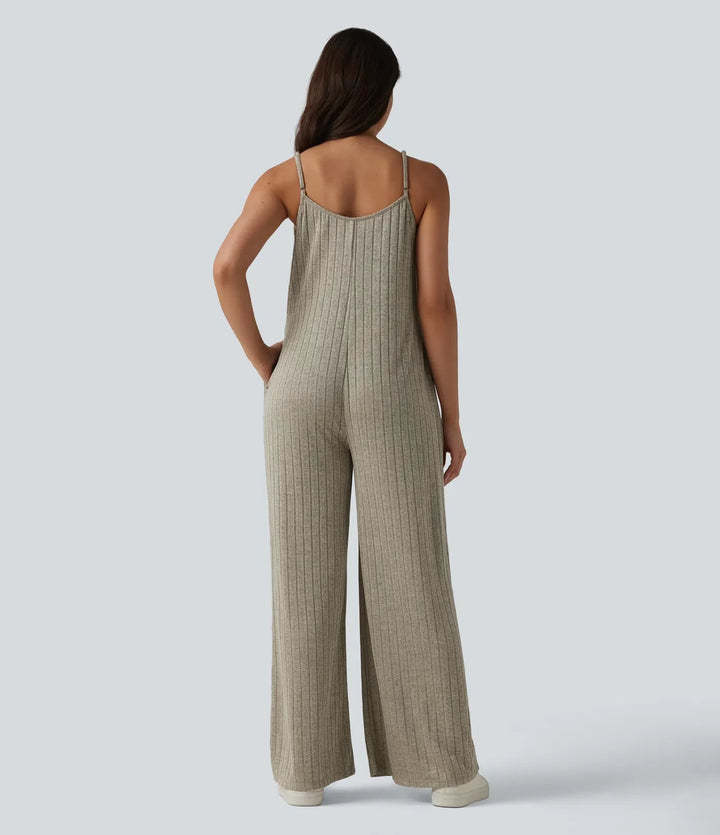 Ribbed Knit V Neck Casual Slip Jumpsuit with Pockets