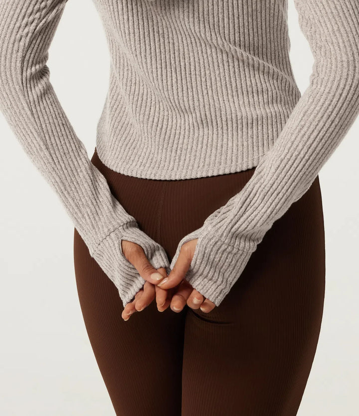 Ribbed Knit Hooded Long Sleeve Yoga Jacket with Pockets