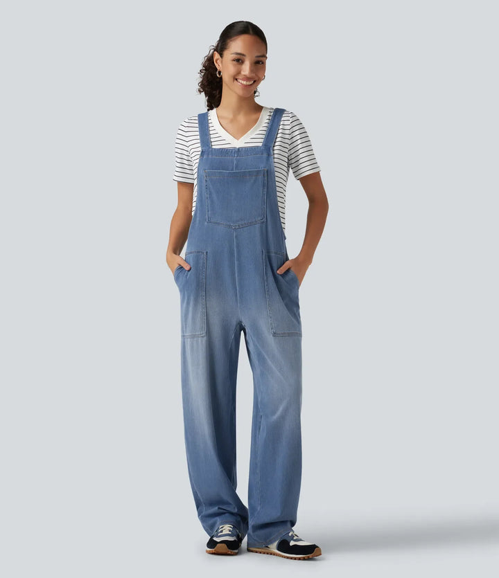 Halara Flex U Neck Sleeveless Barrel Leg Denim Casual Overalls with Pockets