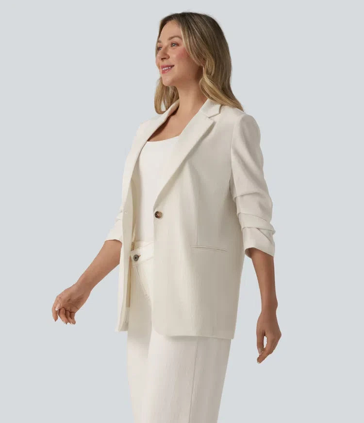 3/4 Sleeve Ruched Linen-Feel Work Blazer with Pockets