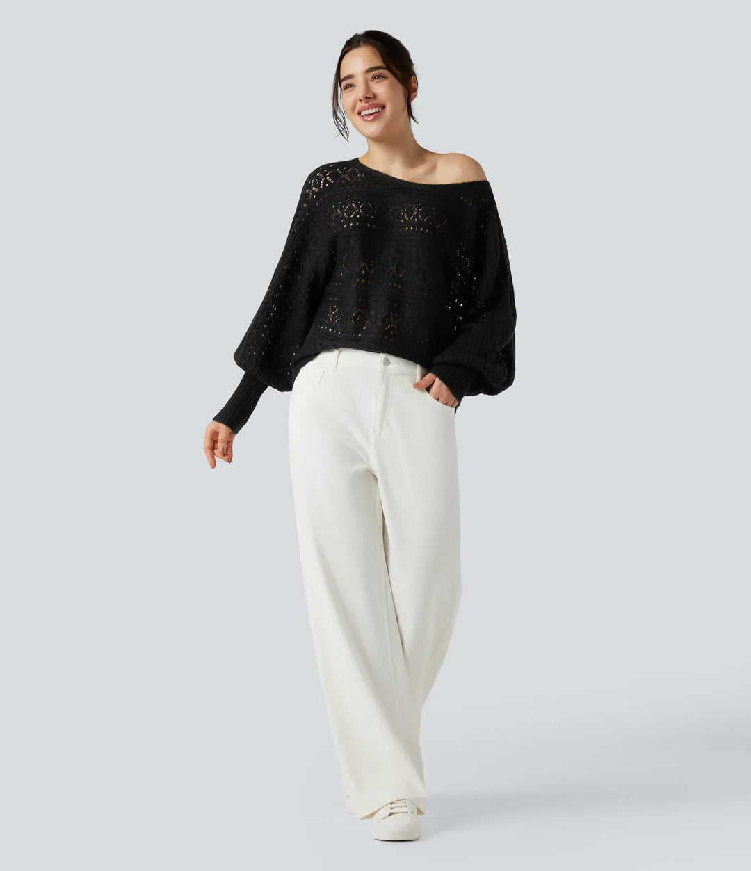 Round Neck Batwing Long Sleeve Hollow Out Casual Jumper