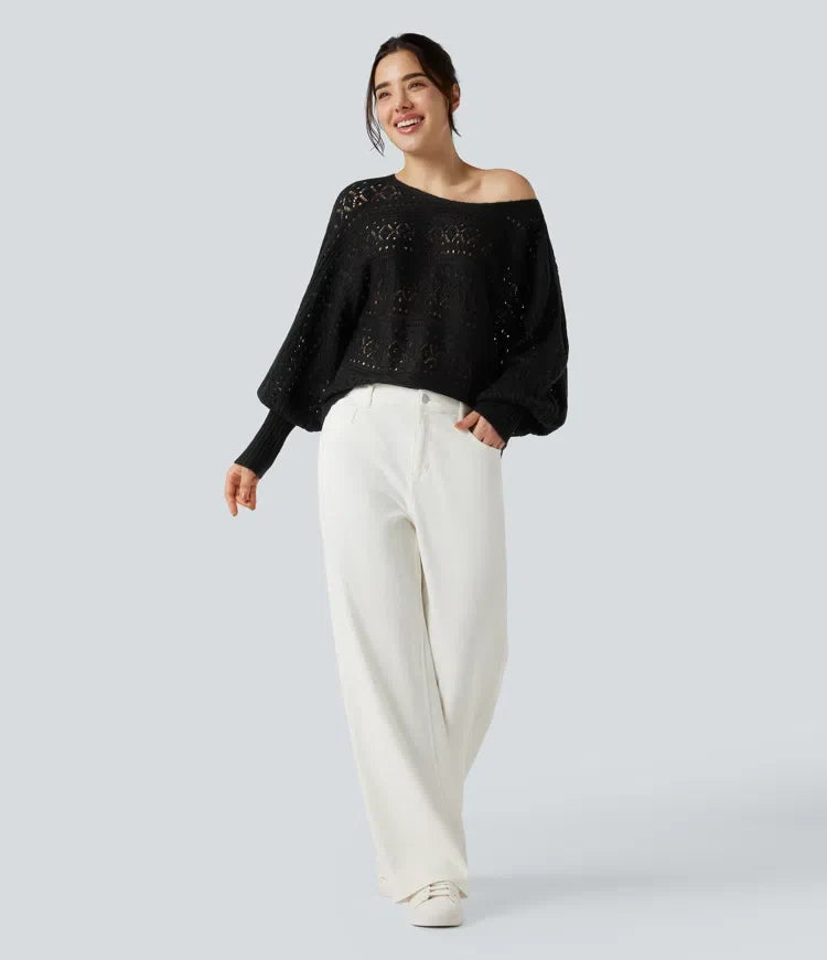 Round Neck Batwing Long Sleeve Hollow Out Casual Jumper