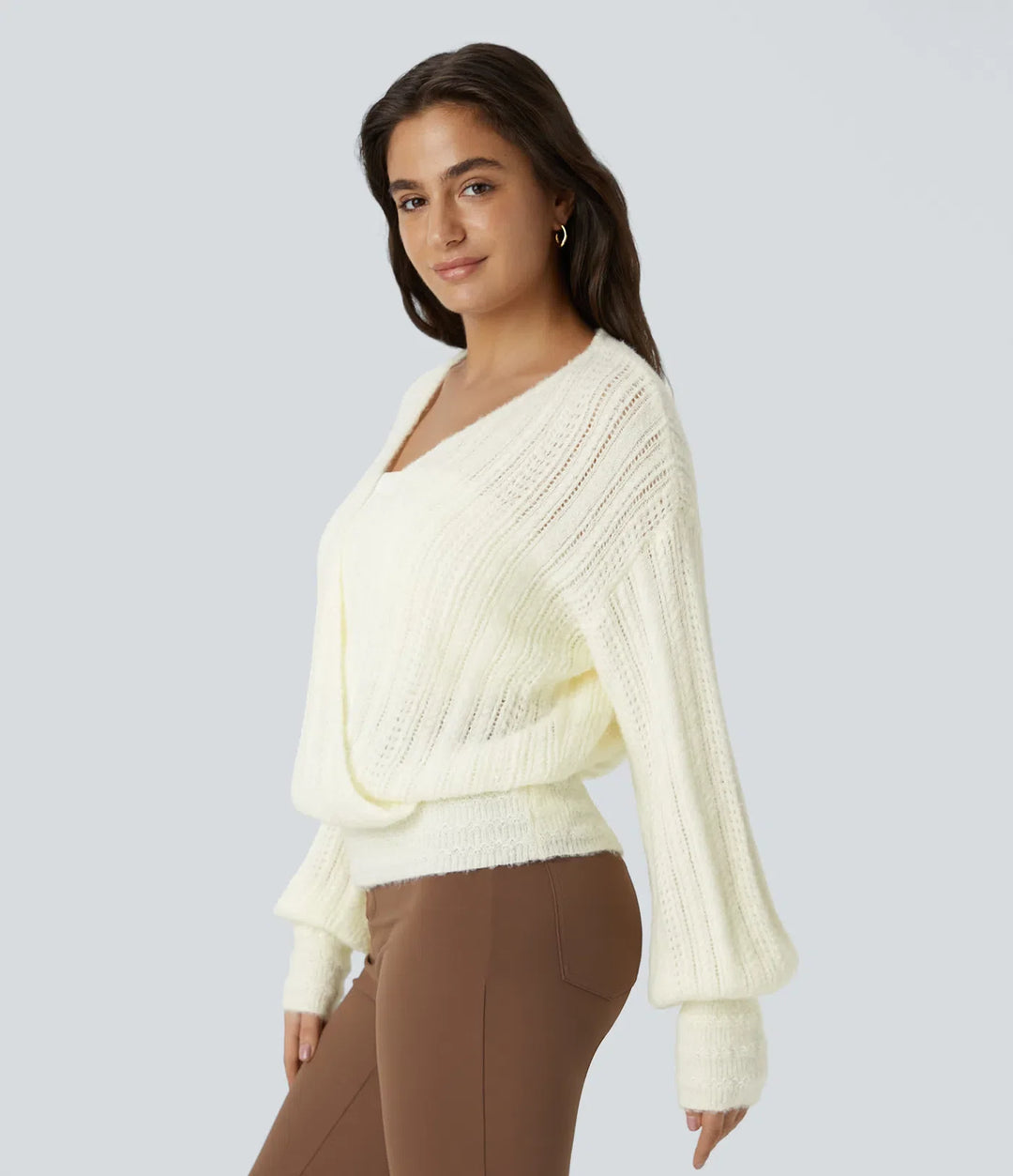 Sheer V Neck Long Sleeve Work Jumper-Front and Back Wearable
