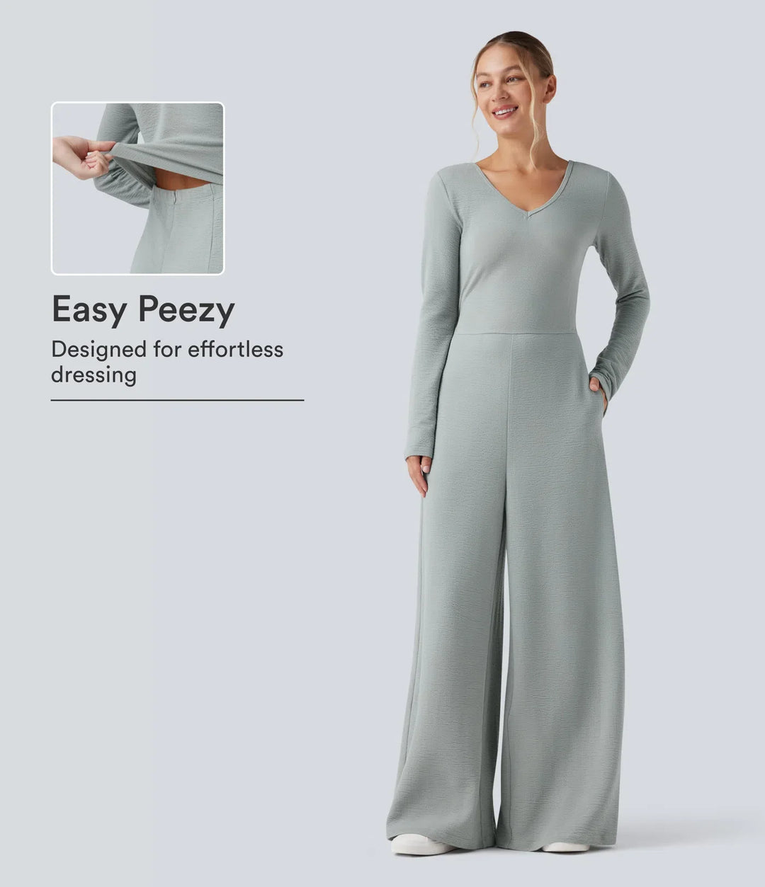 V Neck Long Sleeve Casual Jumpsuit with Pockets-Easy Peezy Edition