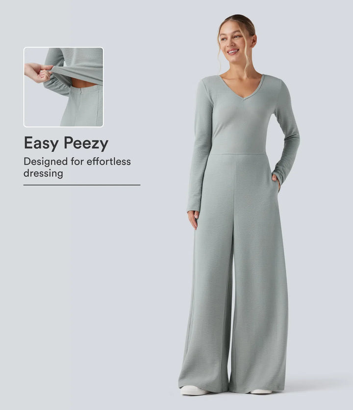 V Neck Long Sleeve Casual Jumpsuit with Pockets-Easy Peezy Edition