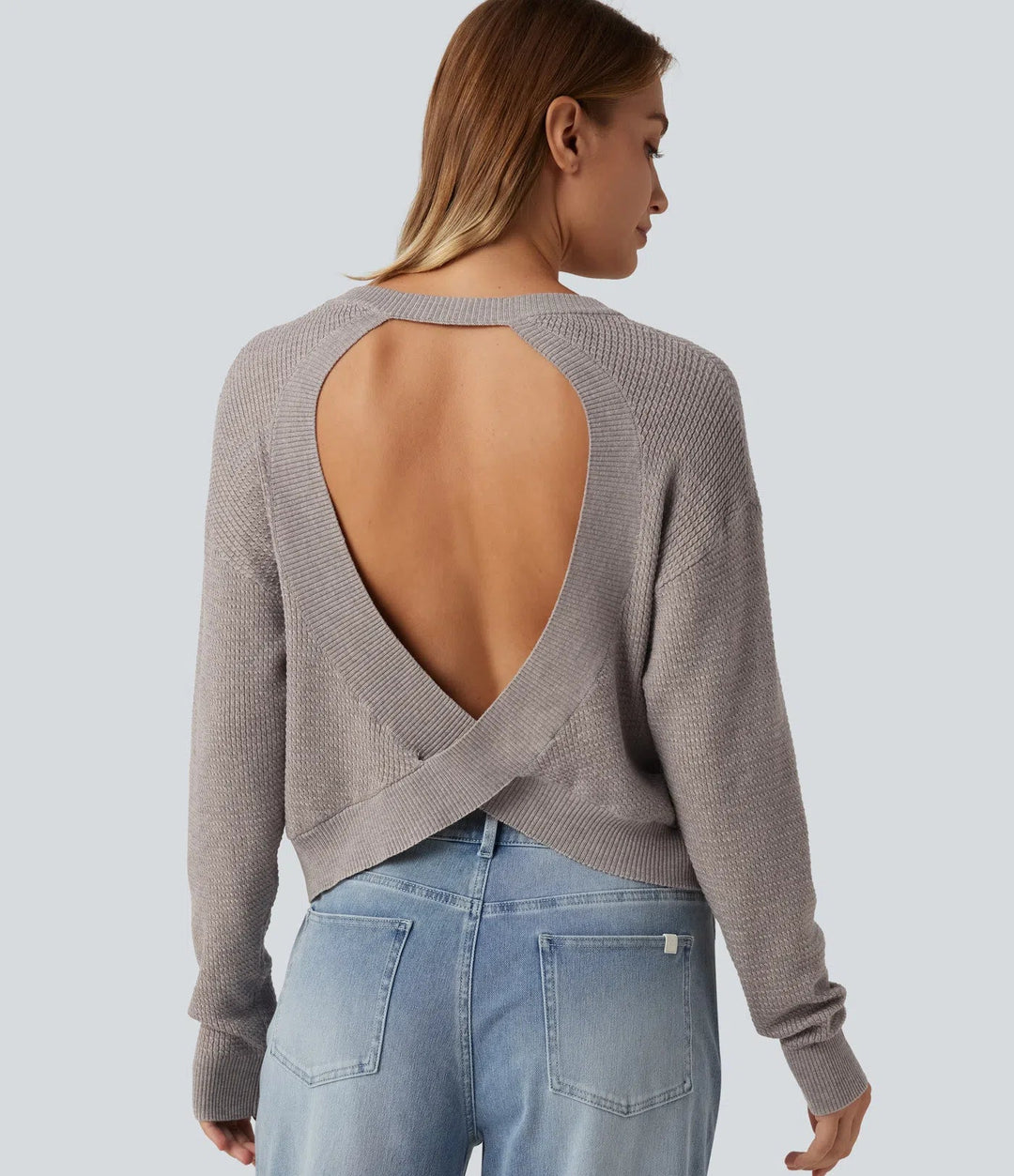 Round Neck Long Sleeve Cut-Out Back Casual Jumper