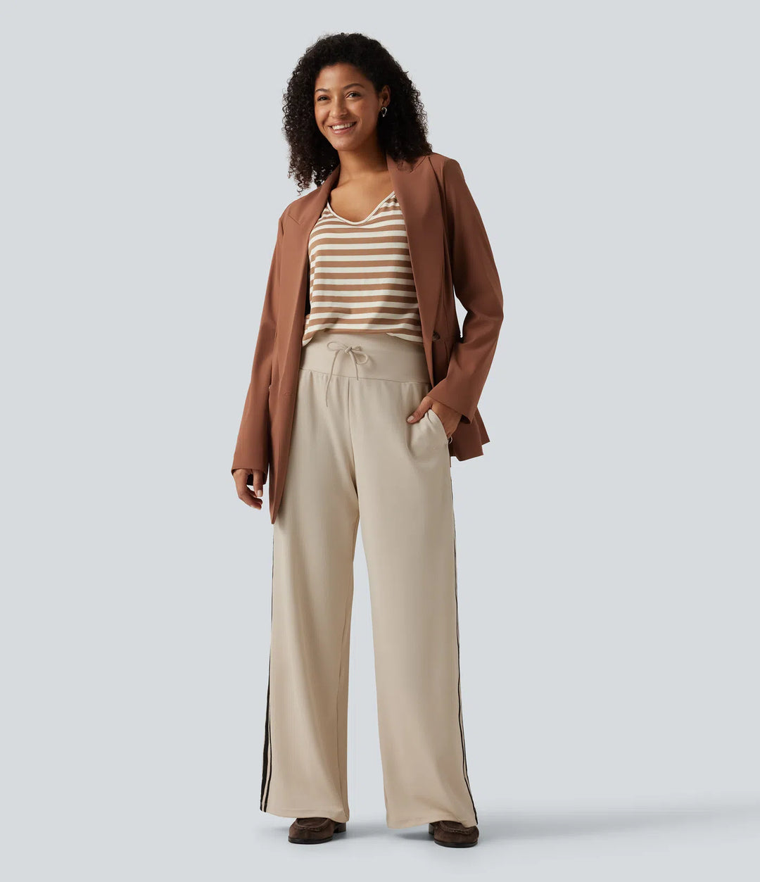 High Waisted Drawstring Wide Leg Side Stripe Waffle Casual Trousers with Pockets
