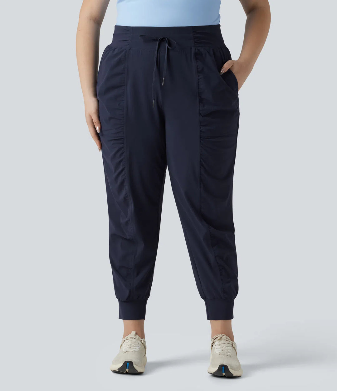 Plus Size High Waisted Drawstring Ruched Tapered Quick Dry InstantCool Dance Joggers with Pockets-UPF40+
