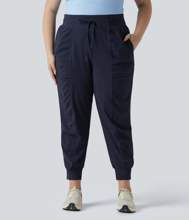 Plus Size High Waisted Drawstring Ruched Tapered Quick Dry Cool Touch Dance Joggers with Pockets-UPF40+
