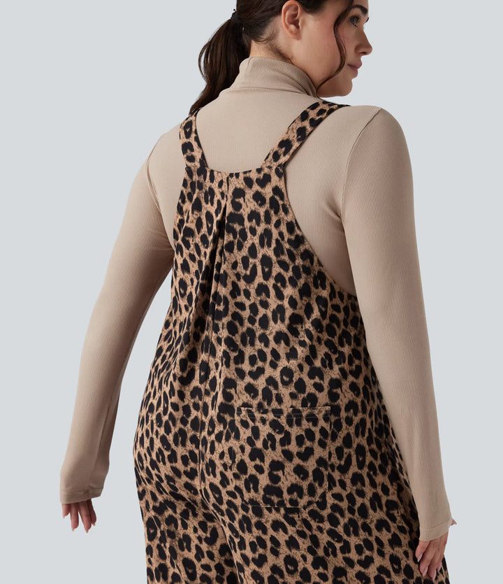 Leopard Print Waffle Casual Plus Size Dungarees with Pockets
