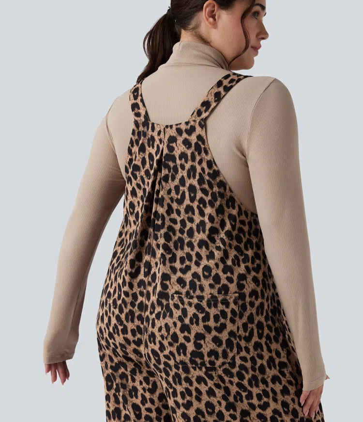 Leopard Print Waffle Casual Plus Size Dungarees with Pockets