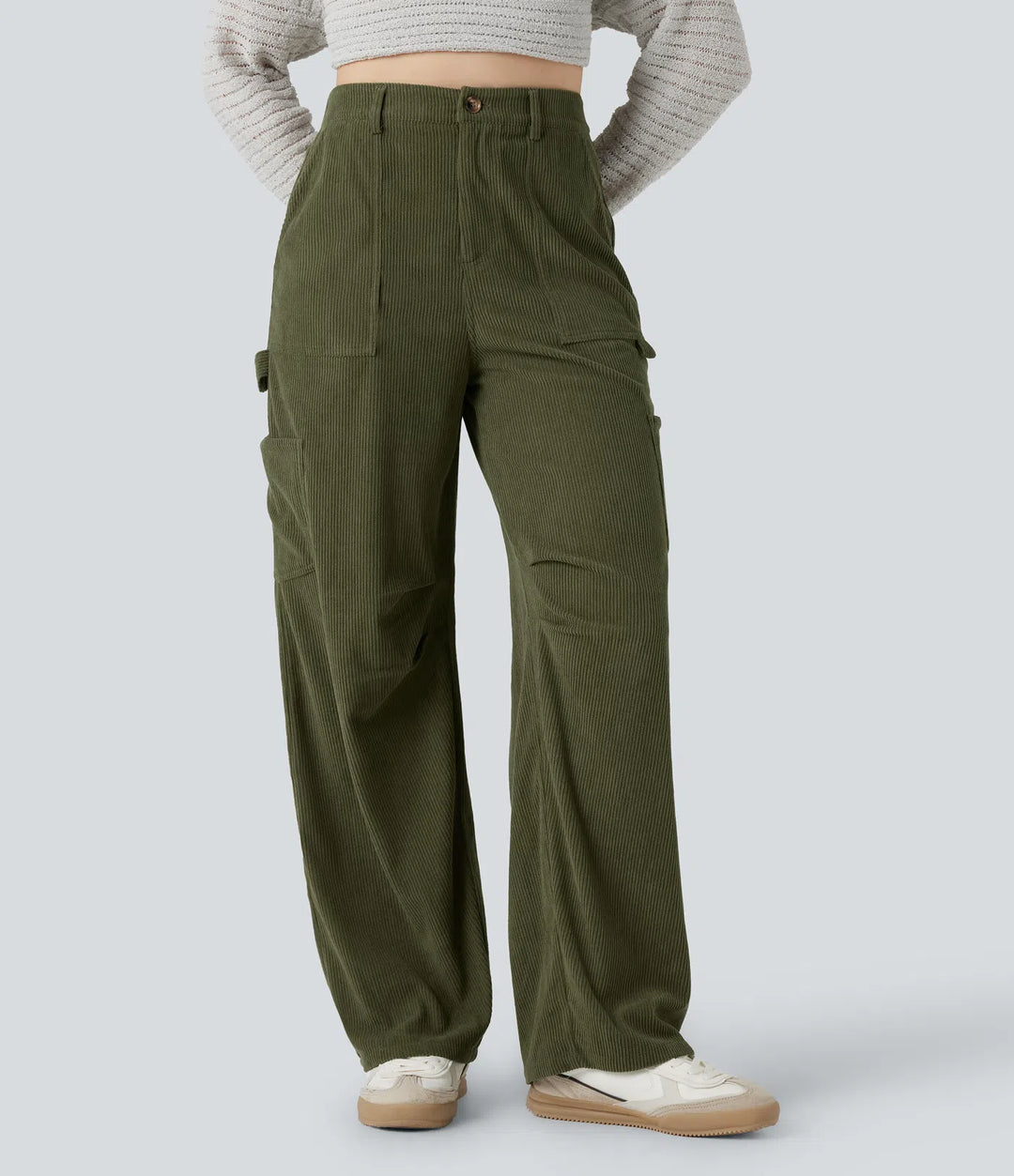 High Waisted Straight Leg Corduroy Casual Trousers with Pockets