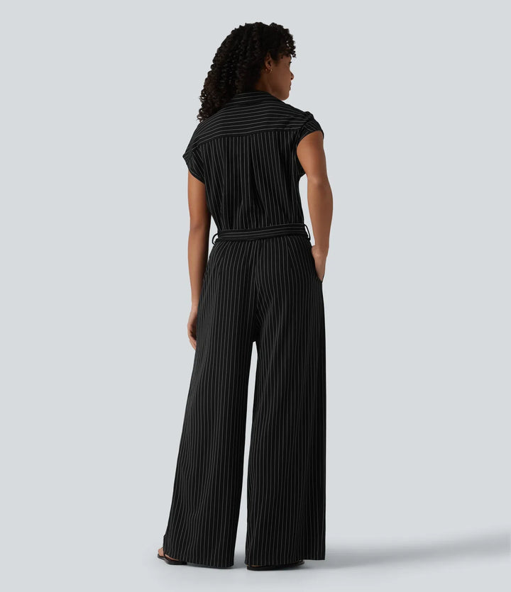 Short Sleeve Belted Stripe InstantCool Work Shirt Jumpsuit with Pockets-Easy Peezy Edition
