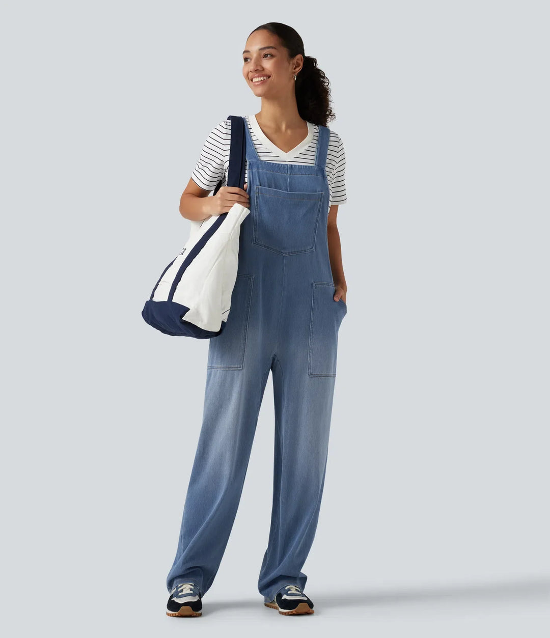 Halara Flex U Neck Sleeveless Barrel Leg Denim Casual Overalls with Pockets