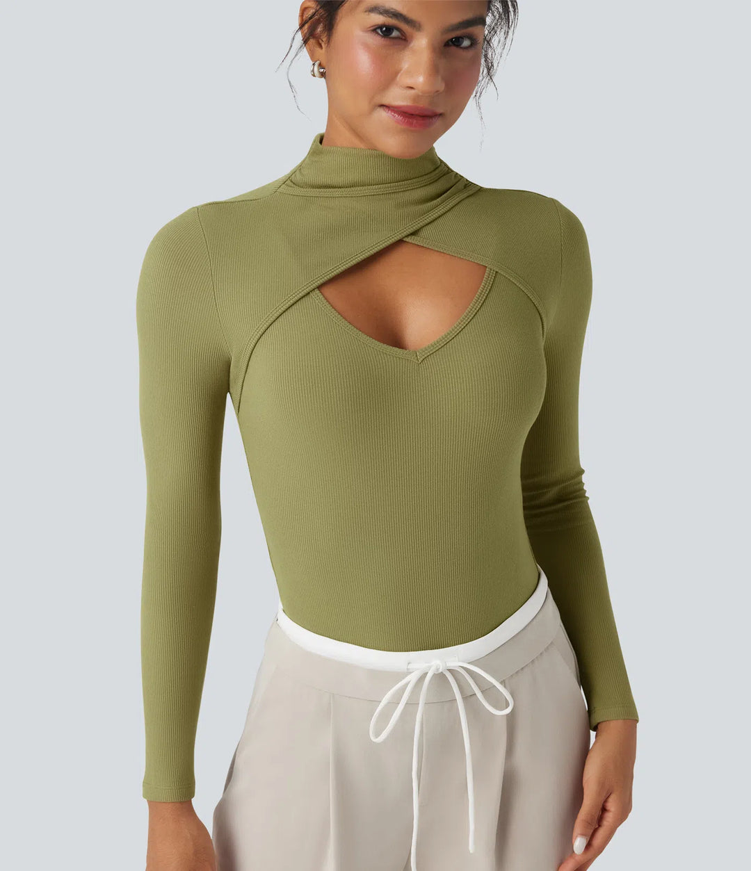 Ribbed Knit High-neck Cut-out Long Sleeve Skinny Work Bodysuit