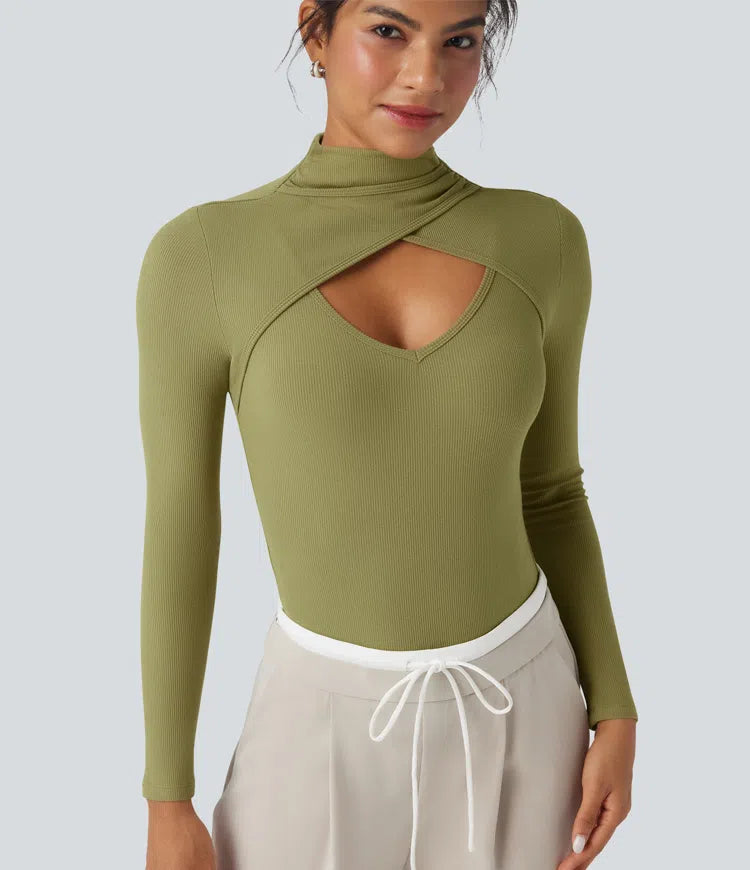 Ribbed Knit High-neck Cut-out Long Sleeve Skinny Work Bodysuit