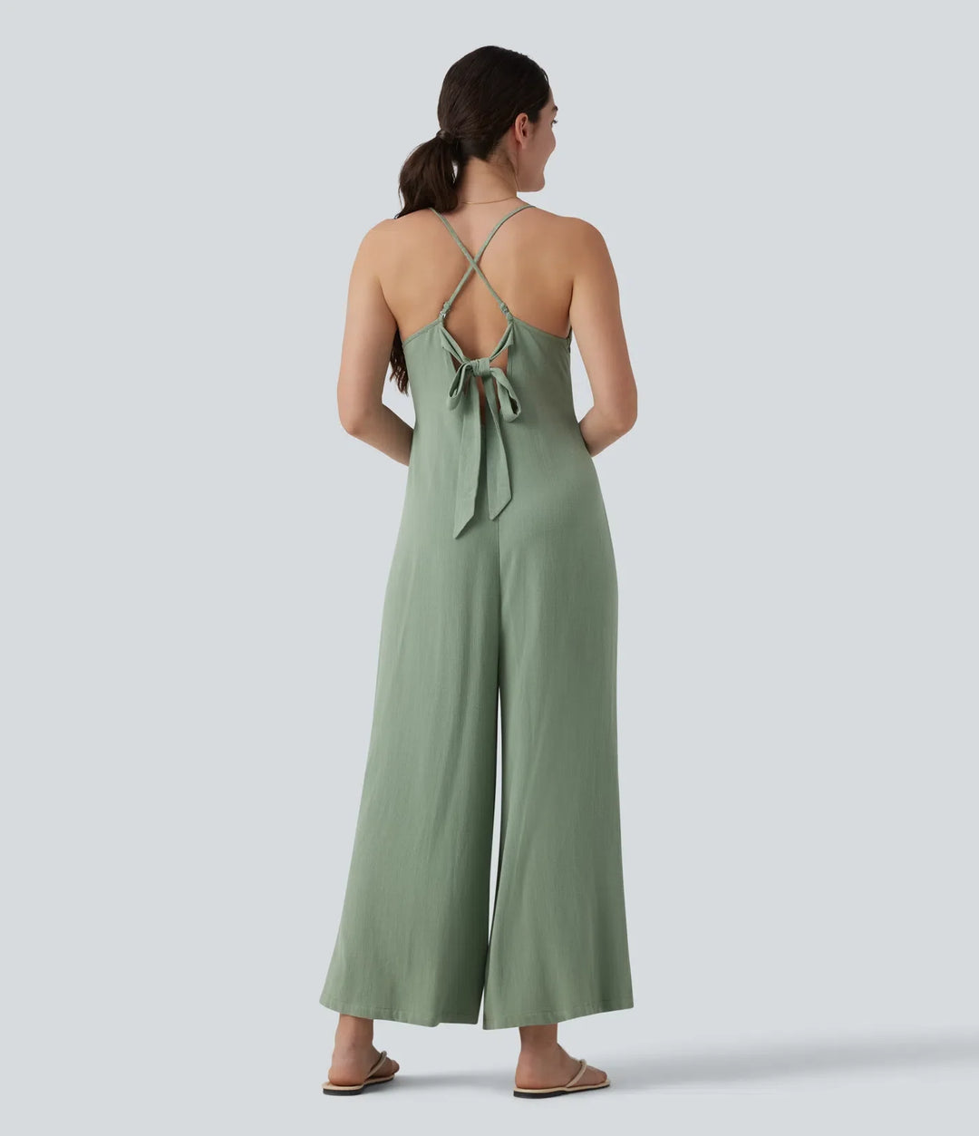 Adjustable Straps Sleeveless Backless Tie-back Linen Casual Baggy Jumpsuit