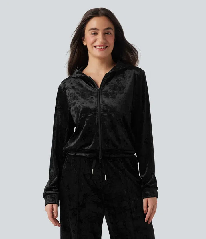 Velvet Hooded Zip Fly Long Sleeve Casual Sweatshirt with Pockets