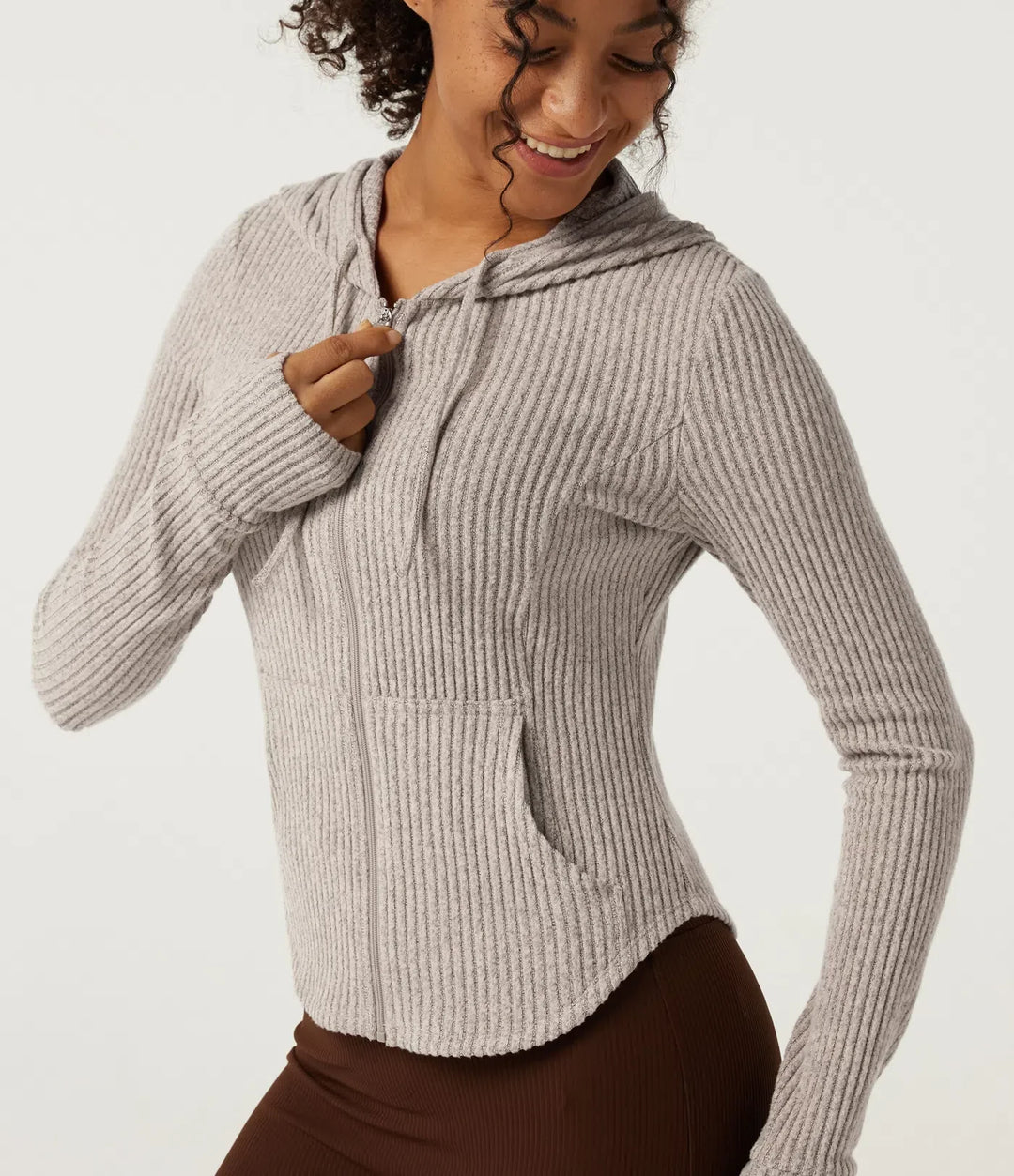 Ribbed Knit Hooded Long Sleeve Yoga Jacket with Pockets