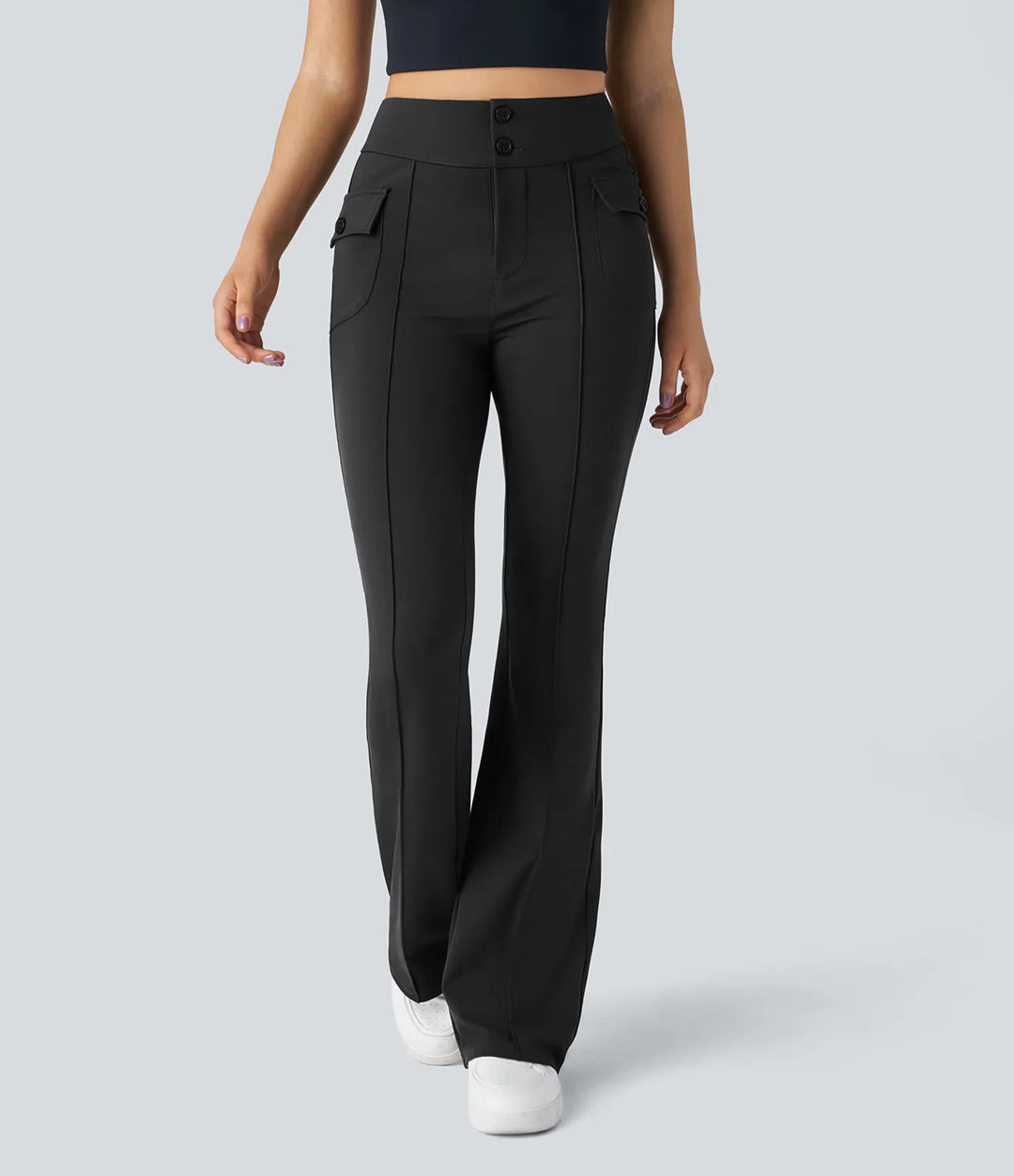 High Waisted Side Flap Pocket Flare Casual Cargo Trousers
